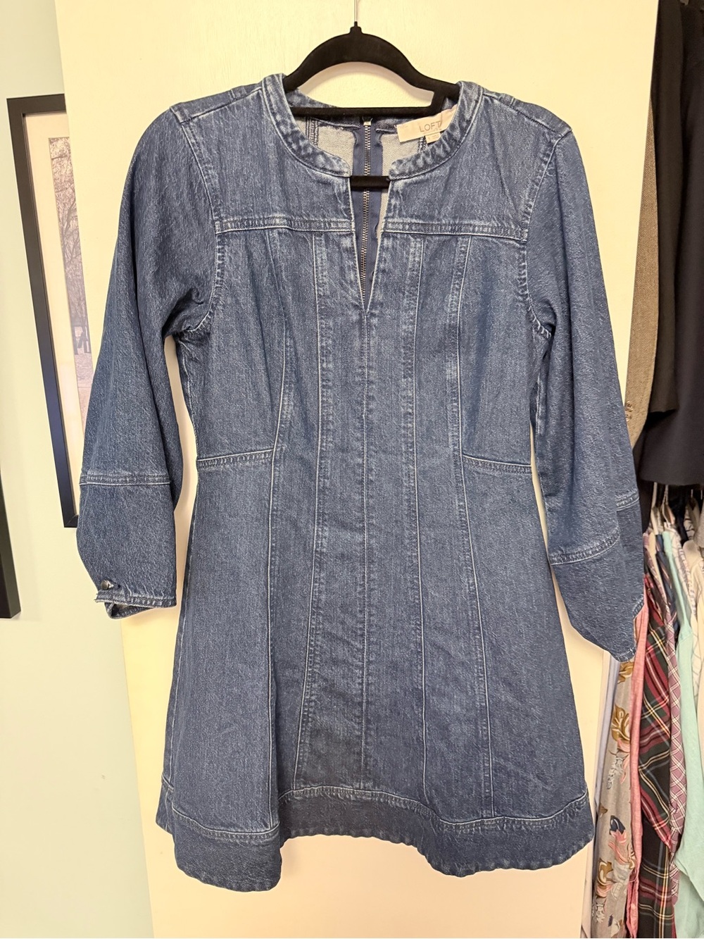 LOFT Denim Long-Sleeve Fit-and-Flare Dress in Blue